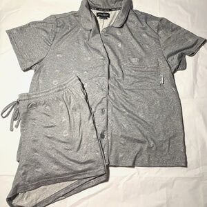 Paris Hilton Gray Womens X-Large Collar Drawstring Matching Shorts Pajama Set XL